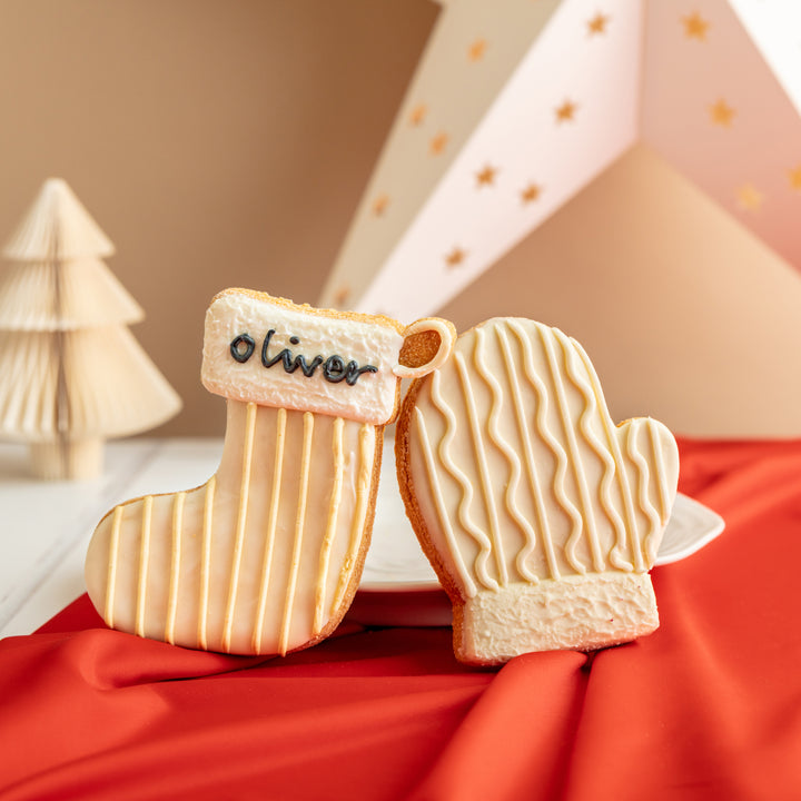 Personalised Christmas Stocking & Mitten Iced Dog Biscuit Duo