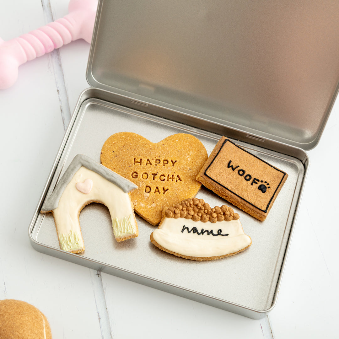Personalised Gotcha Day Iced Dog Biscuit Treat Tin