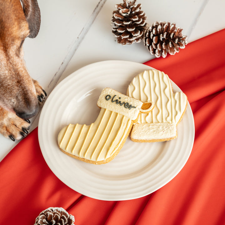 Personalised Christmas Stocking & Mitten Iced Dog Biscuit Duo