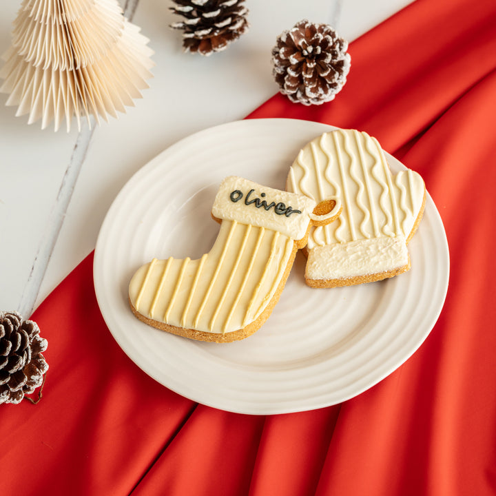 Personalised Christmas Stocking & Mitten Iced Dog Biscuit Duo