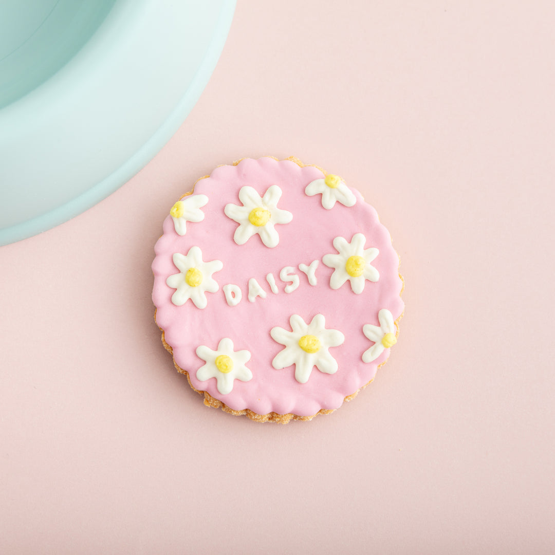 Personalised Pink Daisy Iced Dog Biscuit
