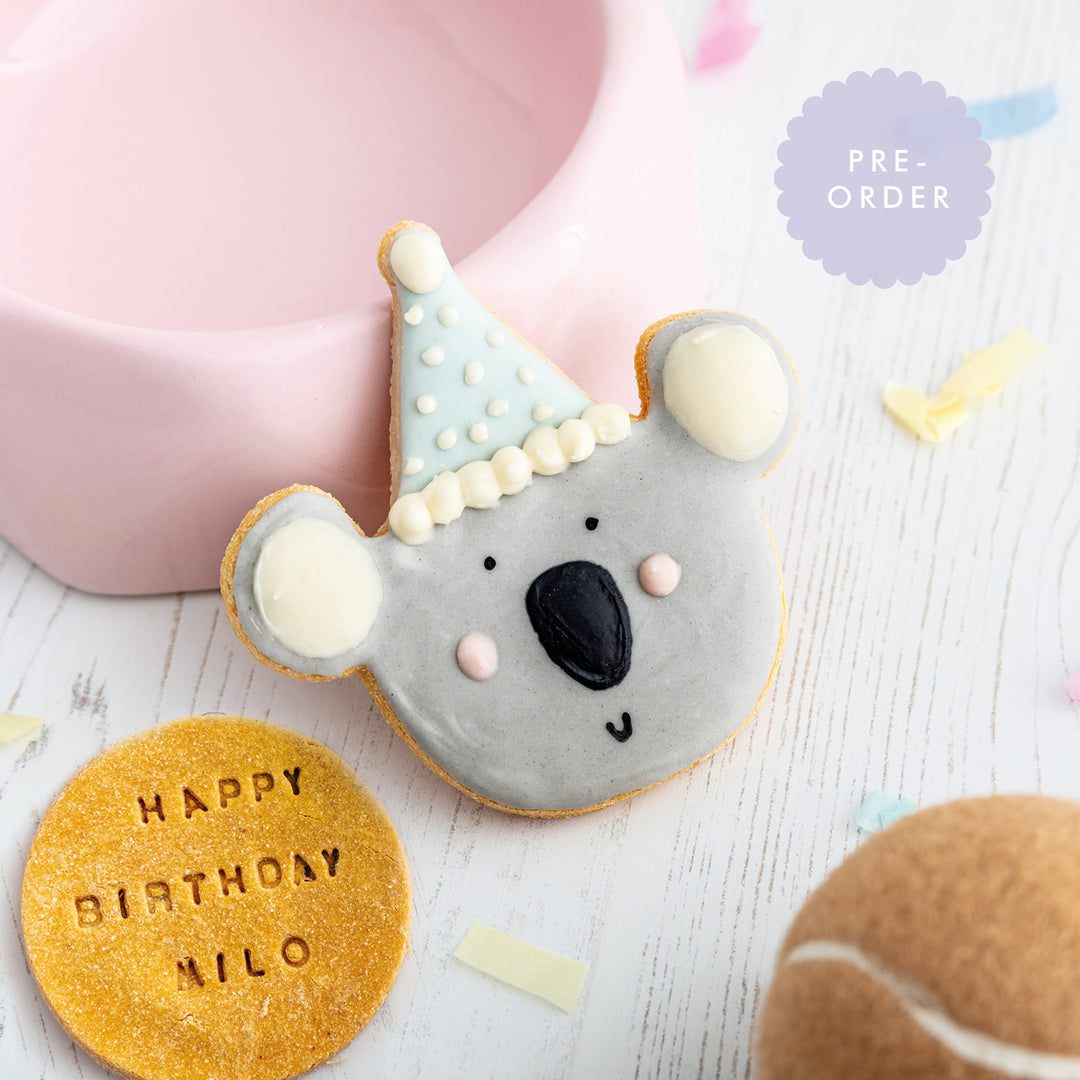 Personalised Karl the Koala Celebration Iced Dog Biscuit Duo