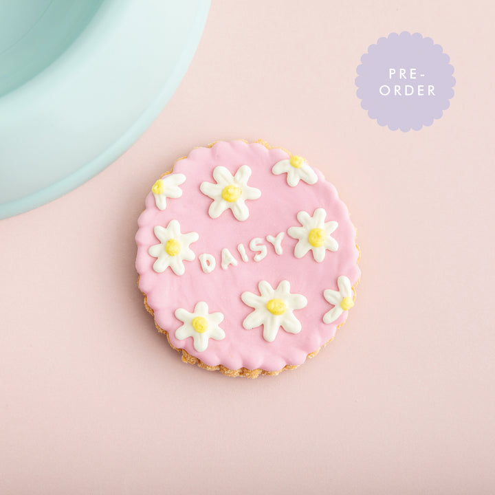 Personalised Pink Daisy Iced Dog Biscuit