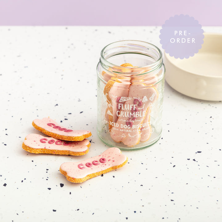 Personalised Pink Mist Iced Dog Biscuit Bone Jar