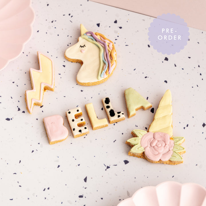 Personalised Unicorn Dreams Iced Dog Biscuit Set