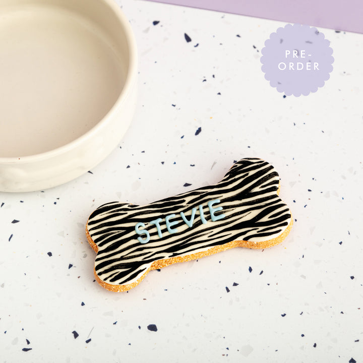 Personalised Zebra Print Iced Dog Biscuit Bone