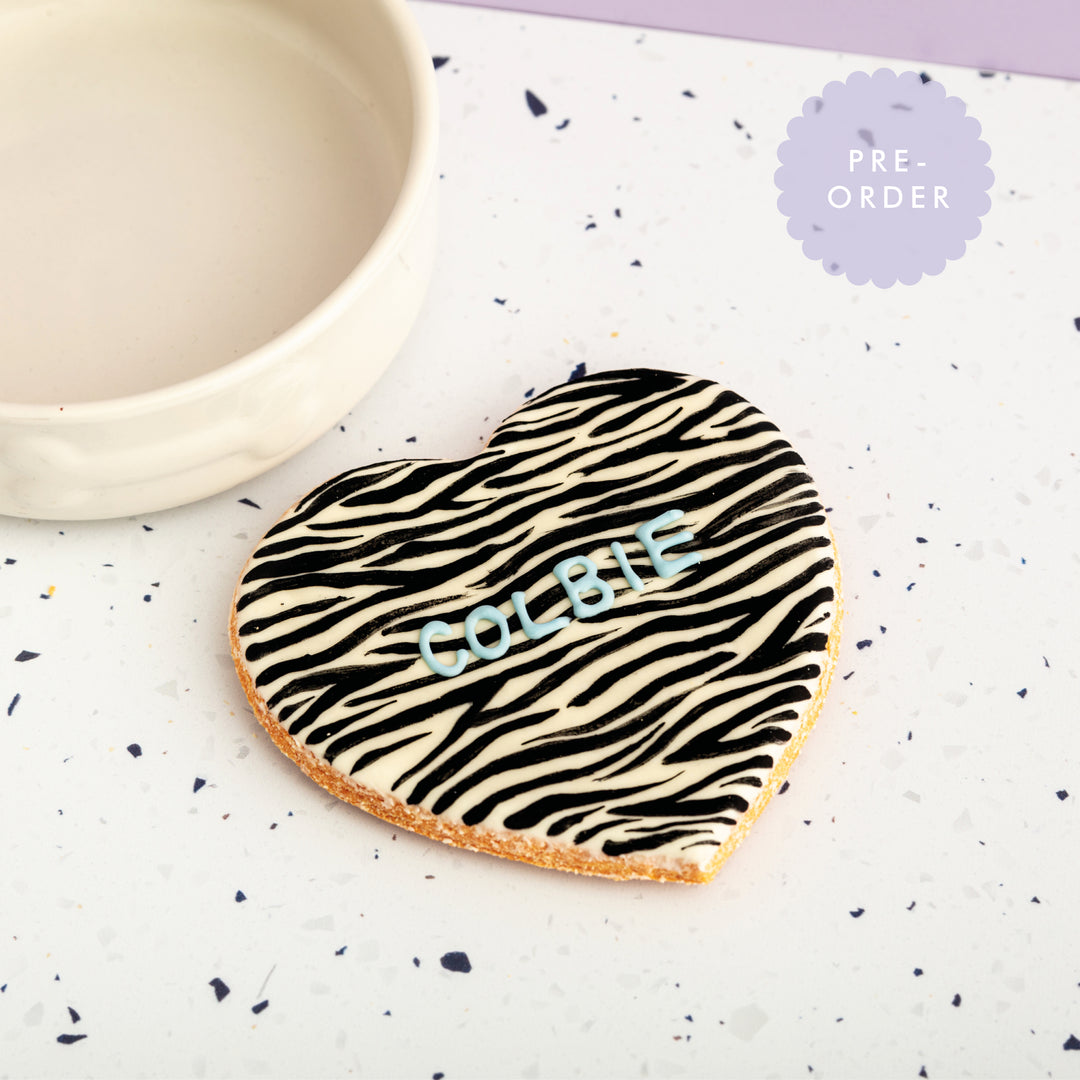 Personalised Giant Heart Iced Dog Biscuit in Zebra Print