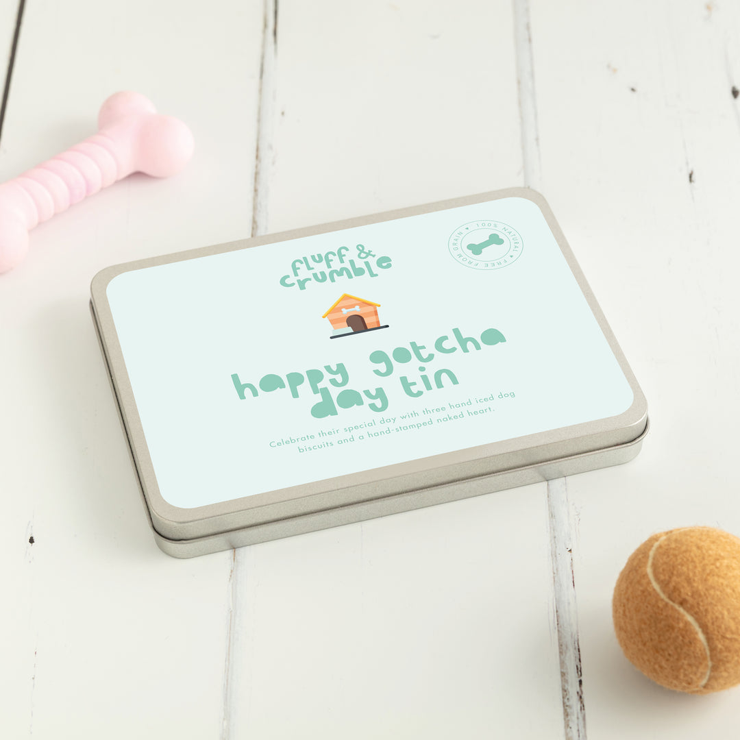 Personalised Gotcha Day Iced Dog Biscuit Treat Tin
