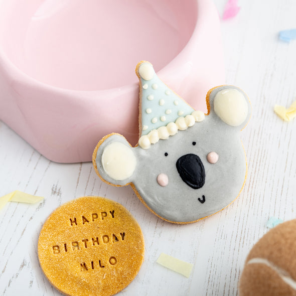 Personalised Karl the Koala Celebration Iced Dog Biscuit Duo