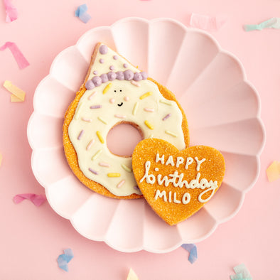 Personalised Giant Doughnut Celebration Iced Dog Biscuit Duo