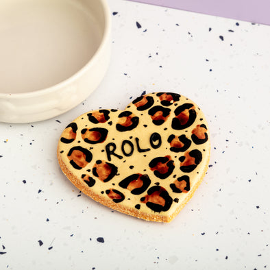 Personalised Giant Heart Iced Dog Biscuit in Leopard Print
