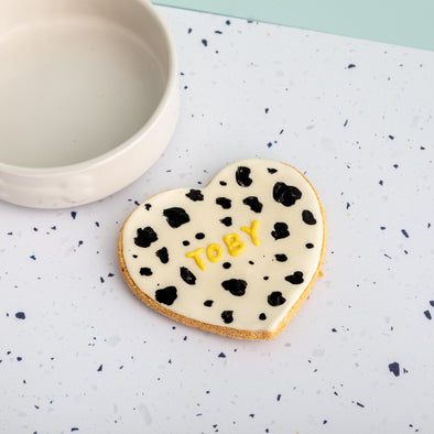 Personalised Giant Heart Iced Dog Biscuit in Dalmatian Print