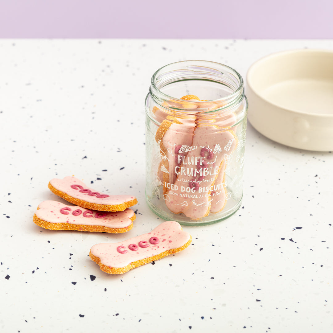 Personalised Pink Mist Iced Dog Biscuit Bone Jar