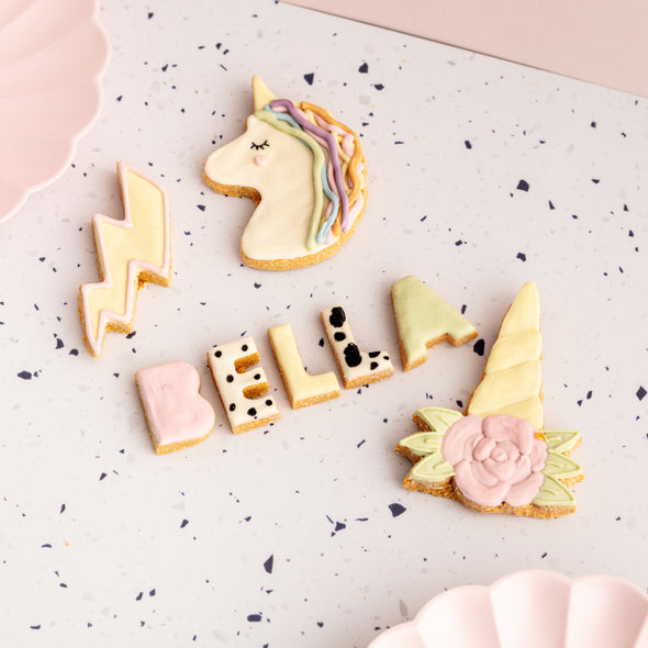 Personalised Unicorn Dreams Iced Dog Biscuit Set