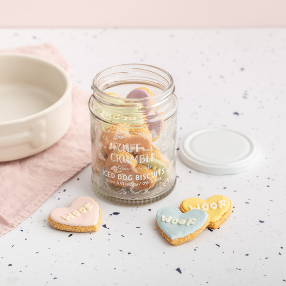 Jar of Woofs Iced Dog Biscuit Hearts