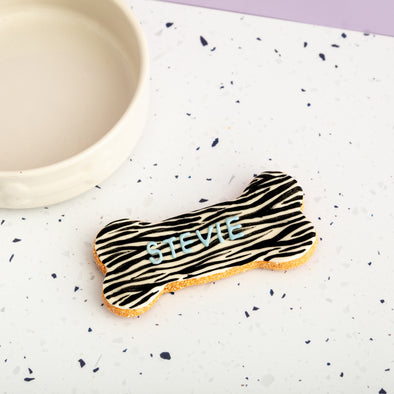 Personalised Zebra Print Iced Dog Biscuit Bone