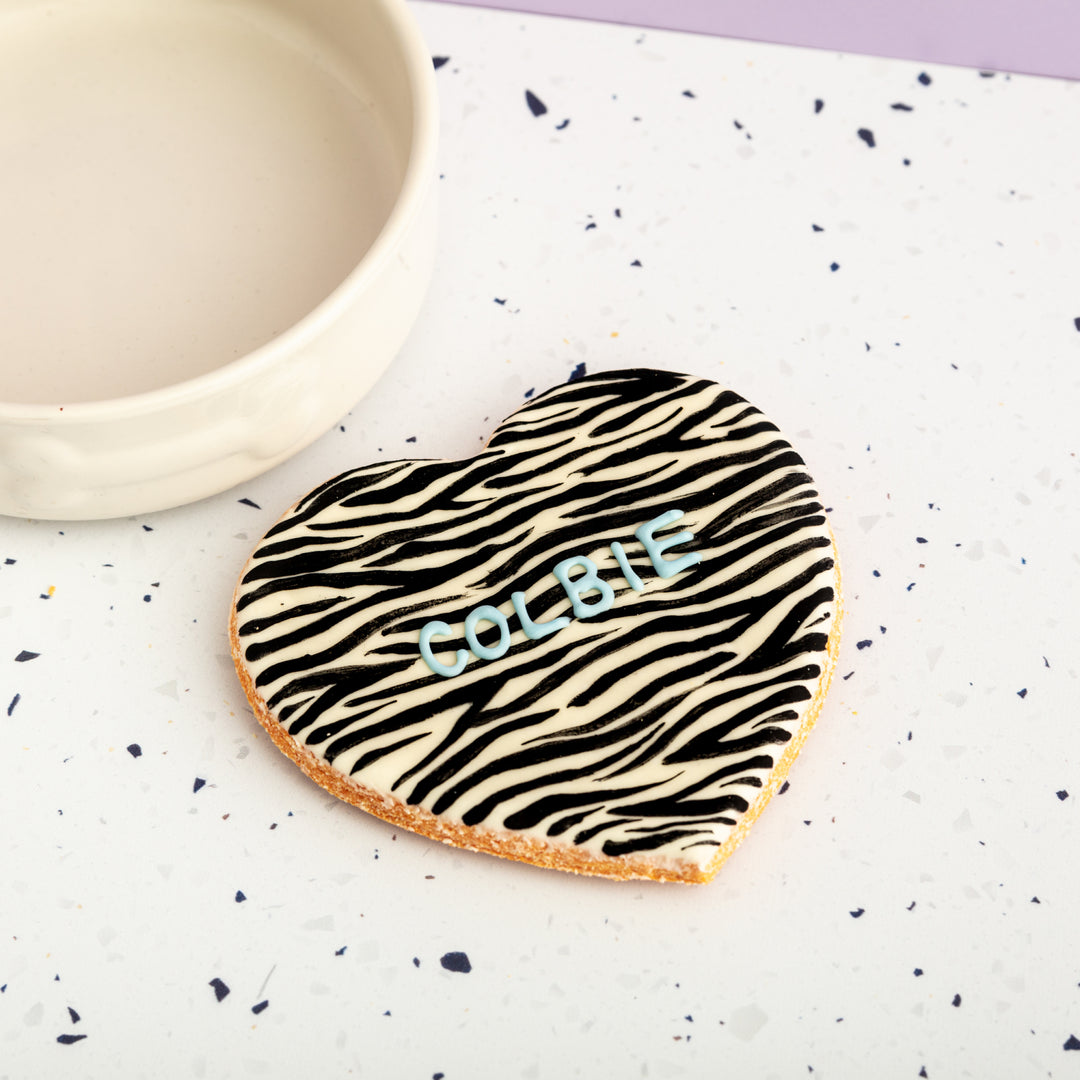Personalised Giant Heart Iced Dog Biscuit in Zebra Print